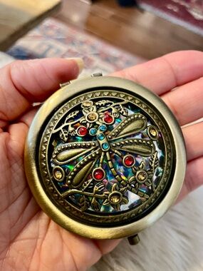 Vintage Brass Compact Mirror with Dragonfly Decorative Gem Accents